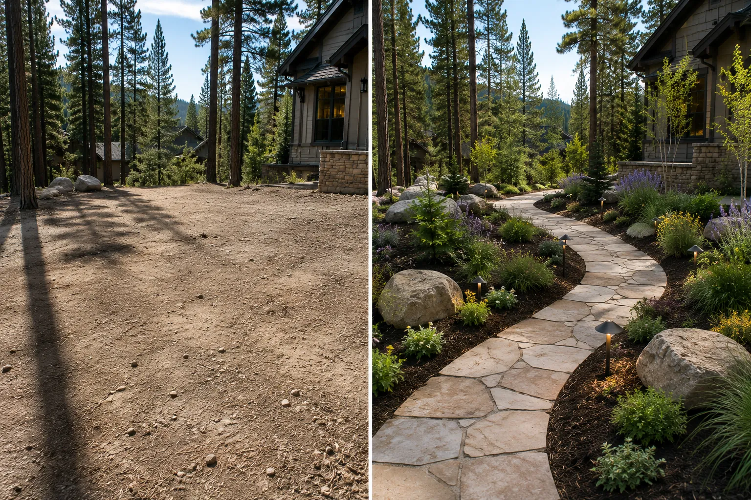 A bare dirt yard beside the same area finished with a flagstone path and planted beds