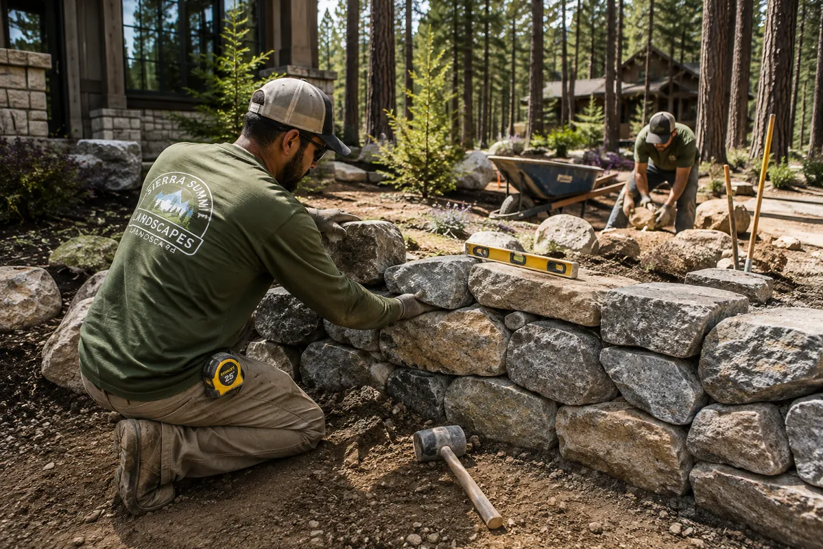 Two crew members setting granite boulders into a retaining wall