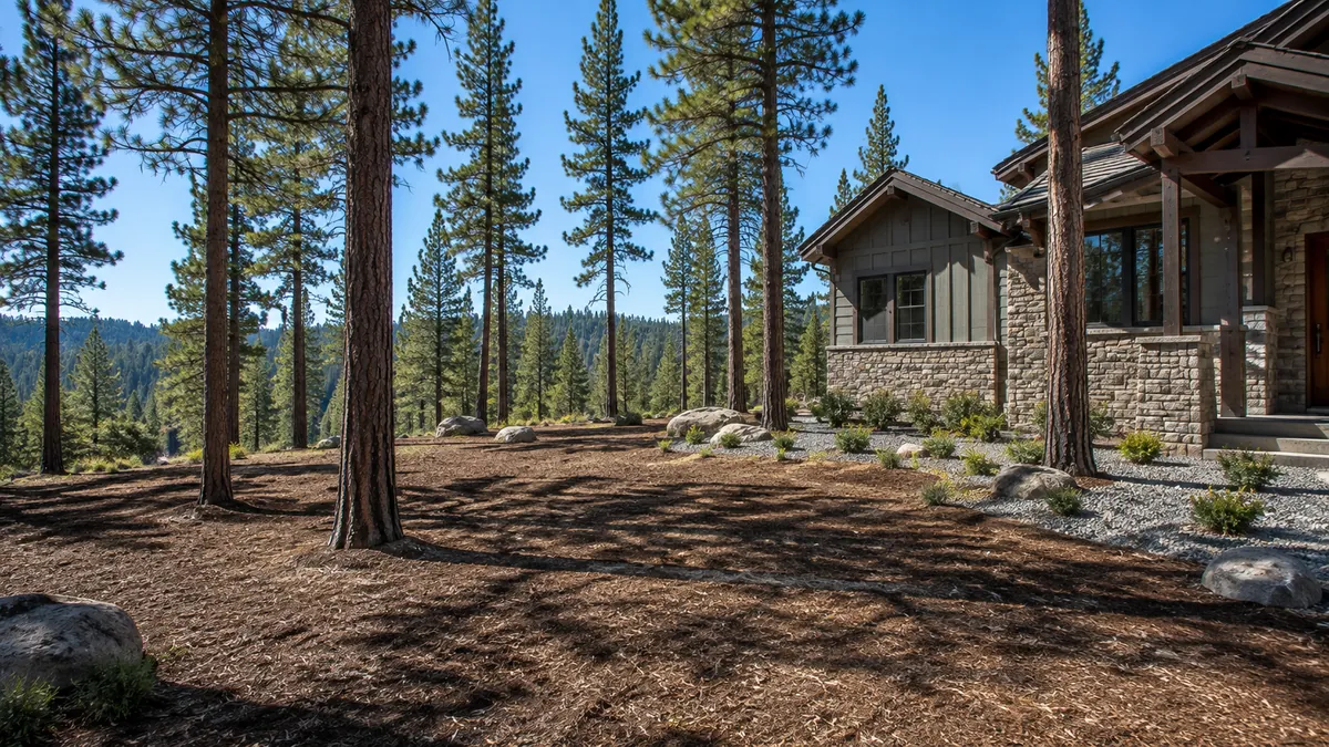 The ground around a mountain home cleared of brush, trees limbed up and spaced, under a clear sky