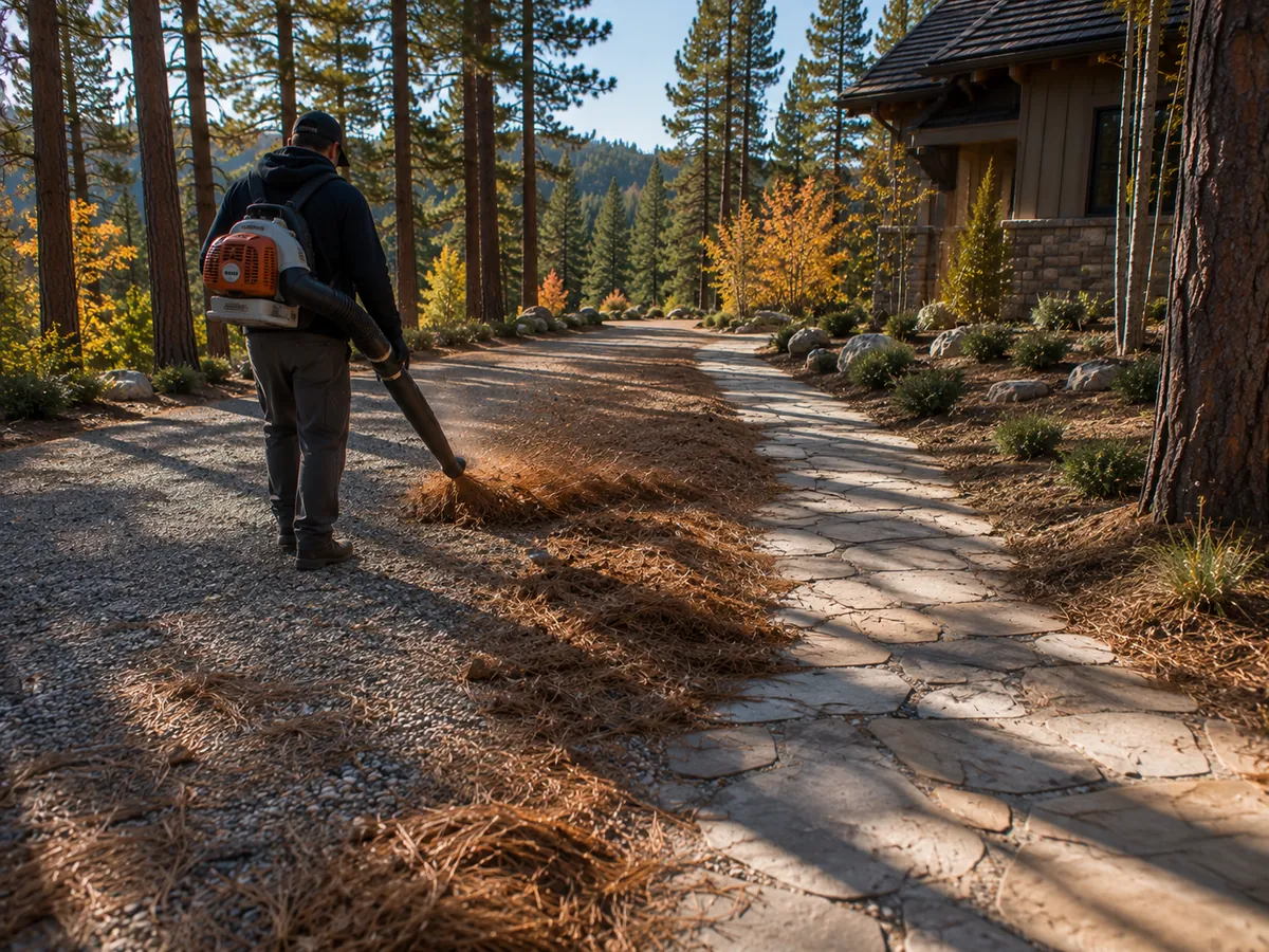A worker seen from behind blowing pine needles off a gravel drive and stone walkway on an autumn morning